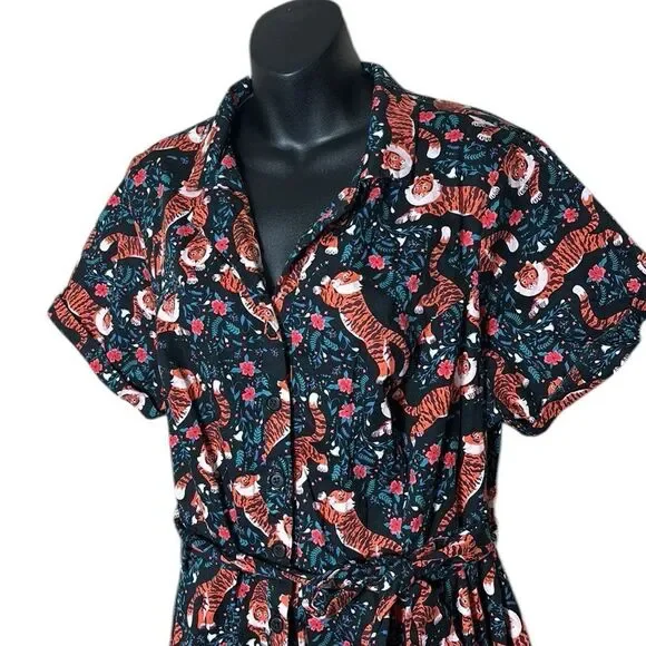 Eva rose vintage 1950s style floral tiger button up belted fit flare dress 3x - Picture 2 of 5